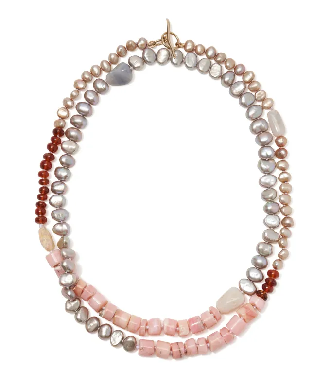 14k Gold Cabana Necklace in Pink Opal & Pearl sold by Lizzie Fortunato
