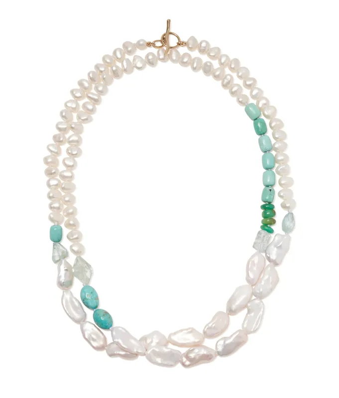 14k Gold Cabana Necklace in Turquoise & Pearl made by Lizzie Fortunato