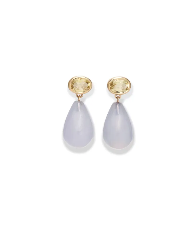 14k Gold Drop Earrings in Lemon Quartz & Chalcedony sold by Lizzie Fortunato