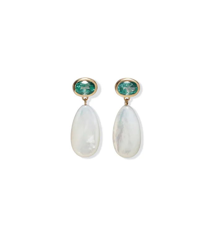 14k Gold Drop Earrings in Green Topaz & Mother-of-Pearl made by Lizzie Fortunato