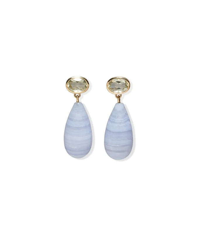 14k Gold Drop Earrings in Green Amethyst & Blue Lace Agate made by Lizzie Fortunato