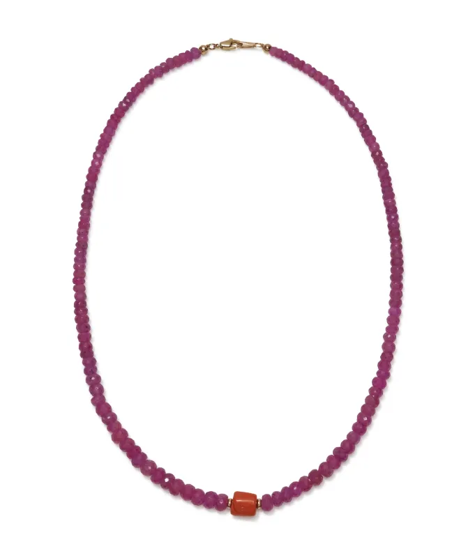 Pink Sapphire, Antique Coral & 14k Gold Necklace made by Lizzie Fortunato