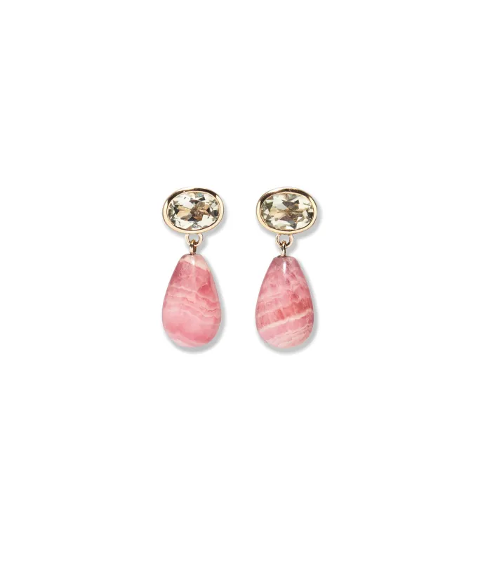 14k Gold Drop Earrings in Green Amethyst & Pink Rhodochrosite made by Lizzie Fortunato