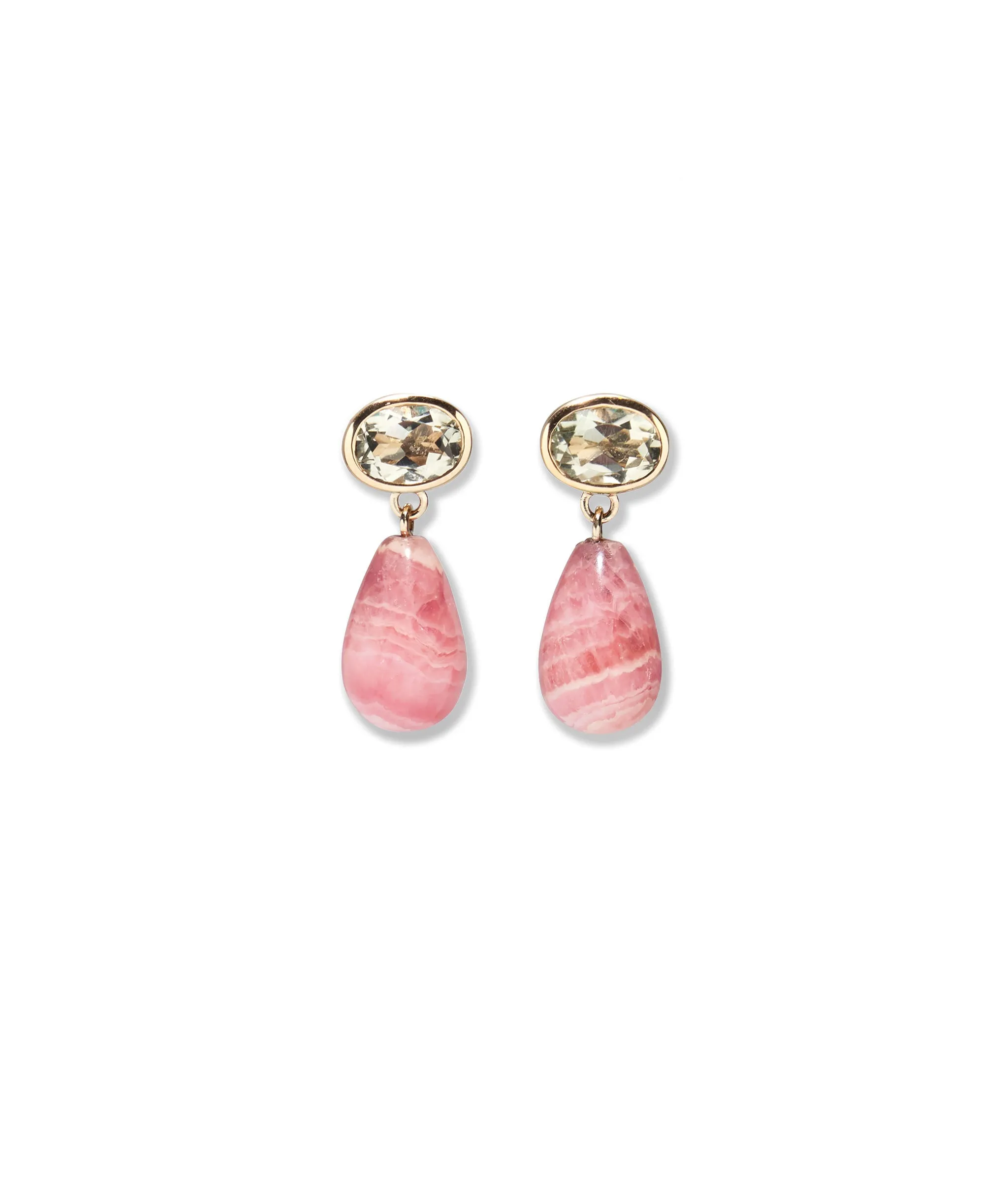 14k Gold Drop Earrings in Green Amethyst & Pink Rhodochrosite sold by Lizzie Fortunato