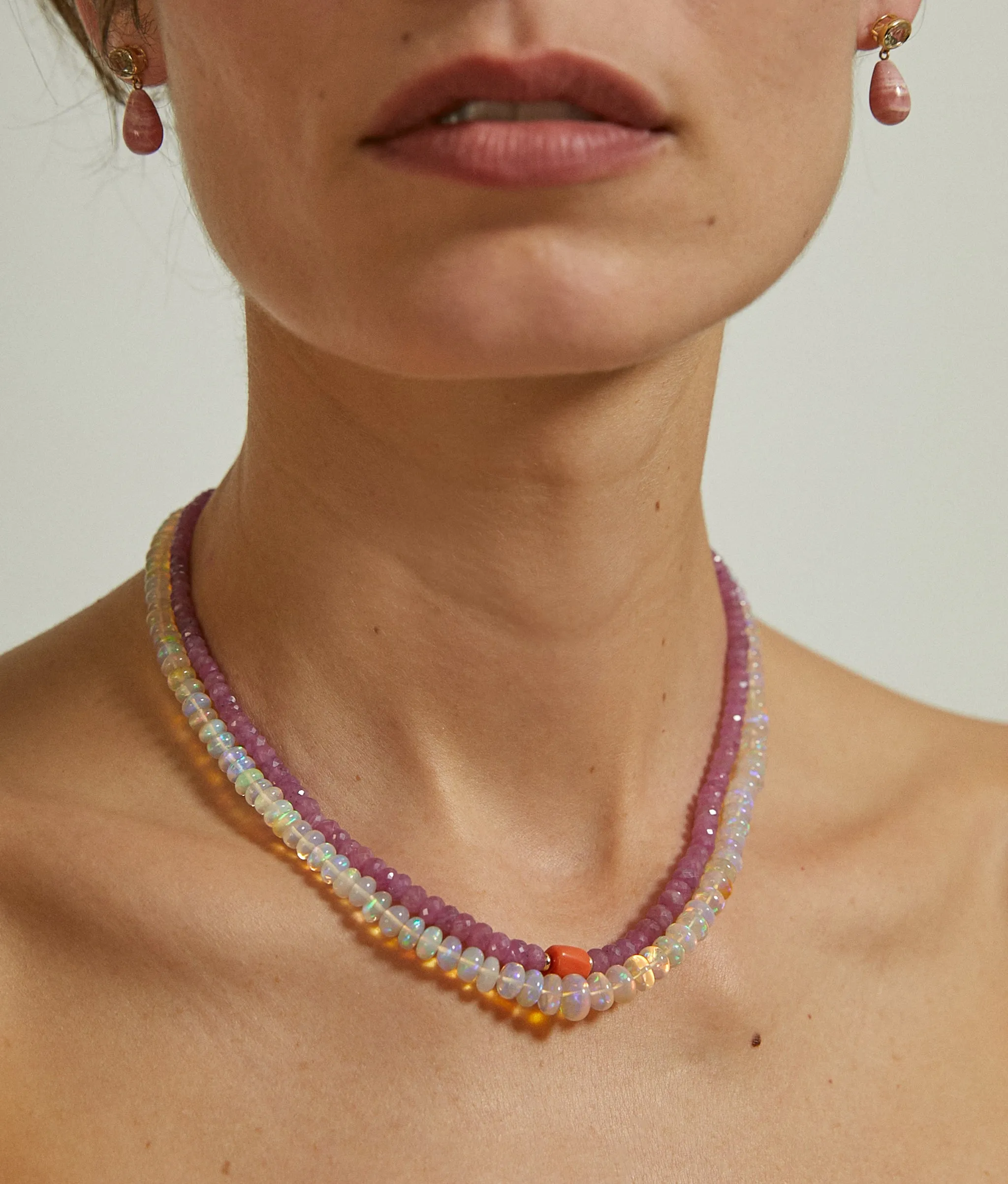 14k Gold Drop Earrings in Green Amethyst & Pink Rhodochrosite sold by Lizzie Fortunato product image thumbnail 2