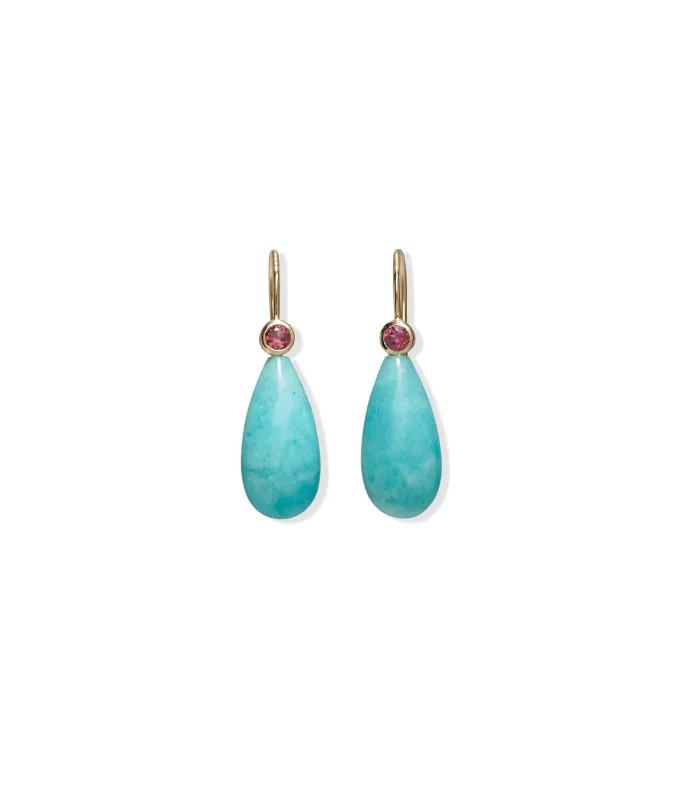 14k Gold Rhea Earrings in Pink Rhodolite & Amazonite made by Lizzie Fortunato