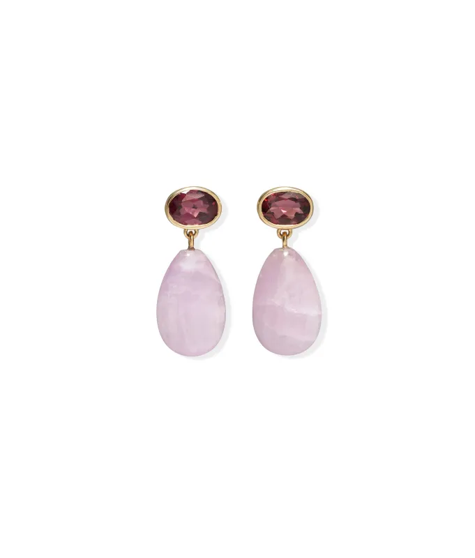 14k Gold Drop Earrings in Pink Rhodolite & Kunzite made by Lizzie Fortunato