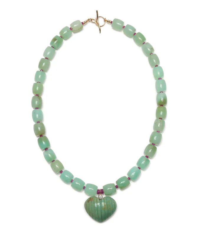 Chrysoprase, Pink Sapphire & 14k Gold Necklace with Carved Turquoise Heart Pendant made by Lizzie Fortunato