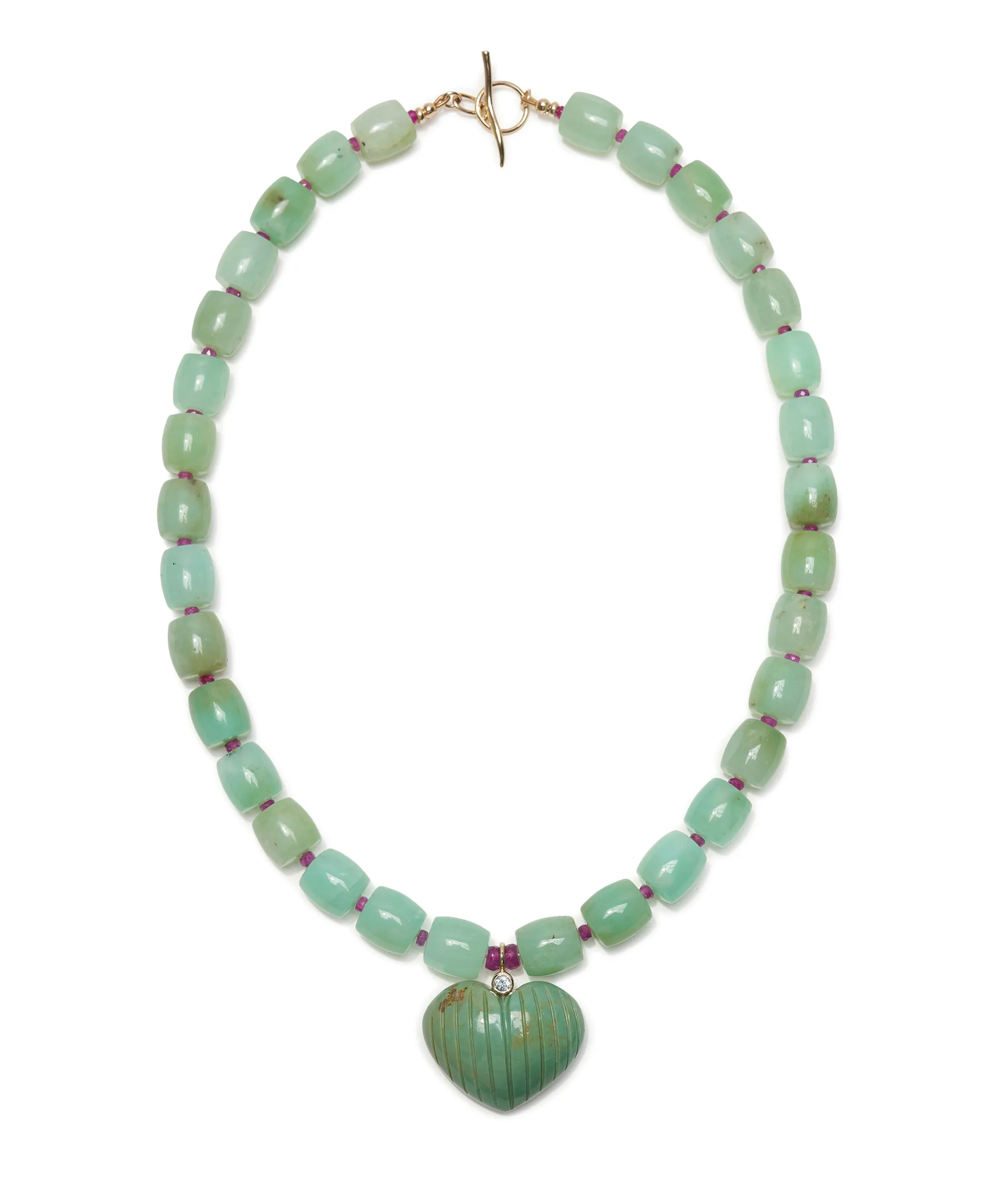 Chrysoprase, Pink Sapphire & 14k Gold Necklace with Carved Turquoise Heart Pendant sold by Lizzie Fortunato