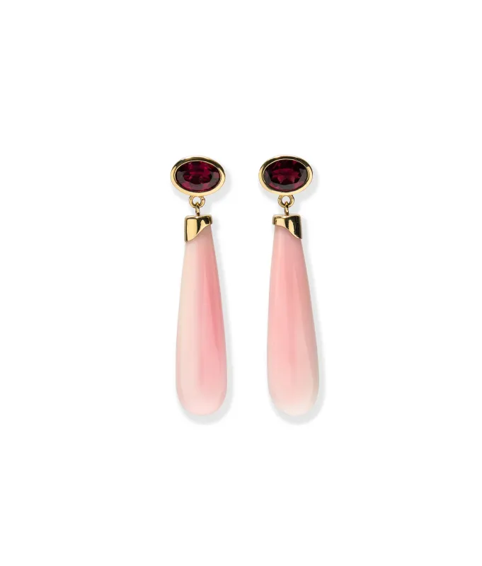 14k Gold Pomona Earrings in Pink Rhodolite & Pink Conch made by Lizzie Fortunato