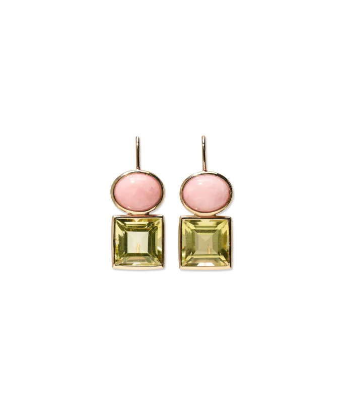 14k Gold Duo Earrings in Pink Opal & Lemon Quartz made by Lizzie Fortunato
