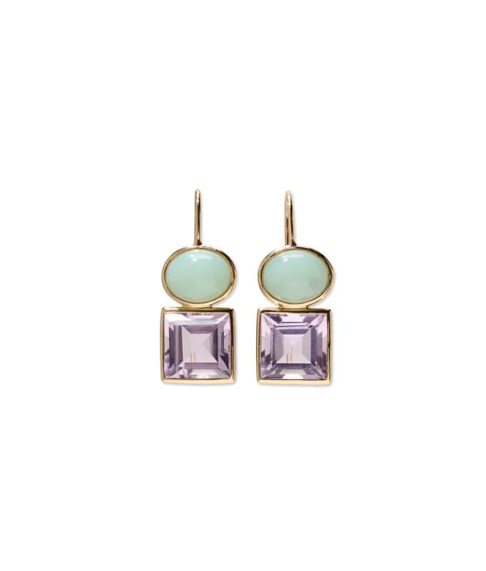 14k Gold Duo Earrings in Light Green Chalcedony & Pink Amethyst made by Lizzie Fortunato