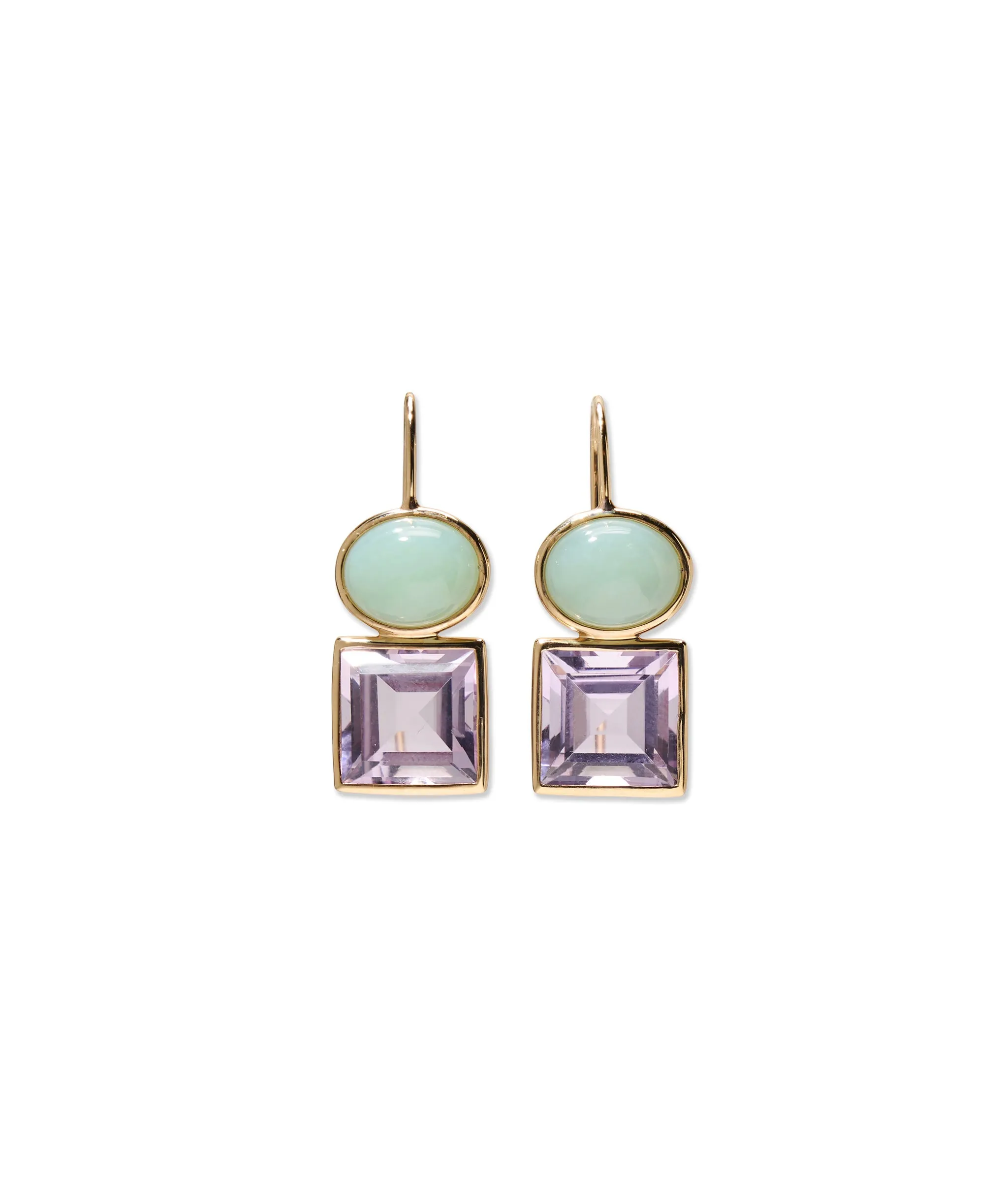 14k Gold Duo Earrings in Light Green Chalcedony & Pink Amethyst sold by Lizzie Fortunato