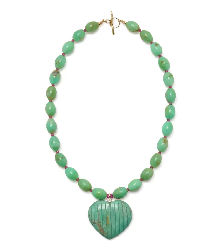 Chrysoprase & Ruby 14k Gold Necklace with Carved Turquoise Heart Pendant made by Lizzie Fortunato