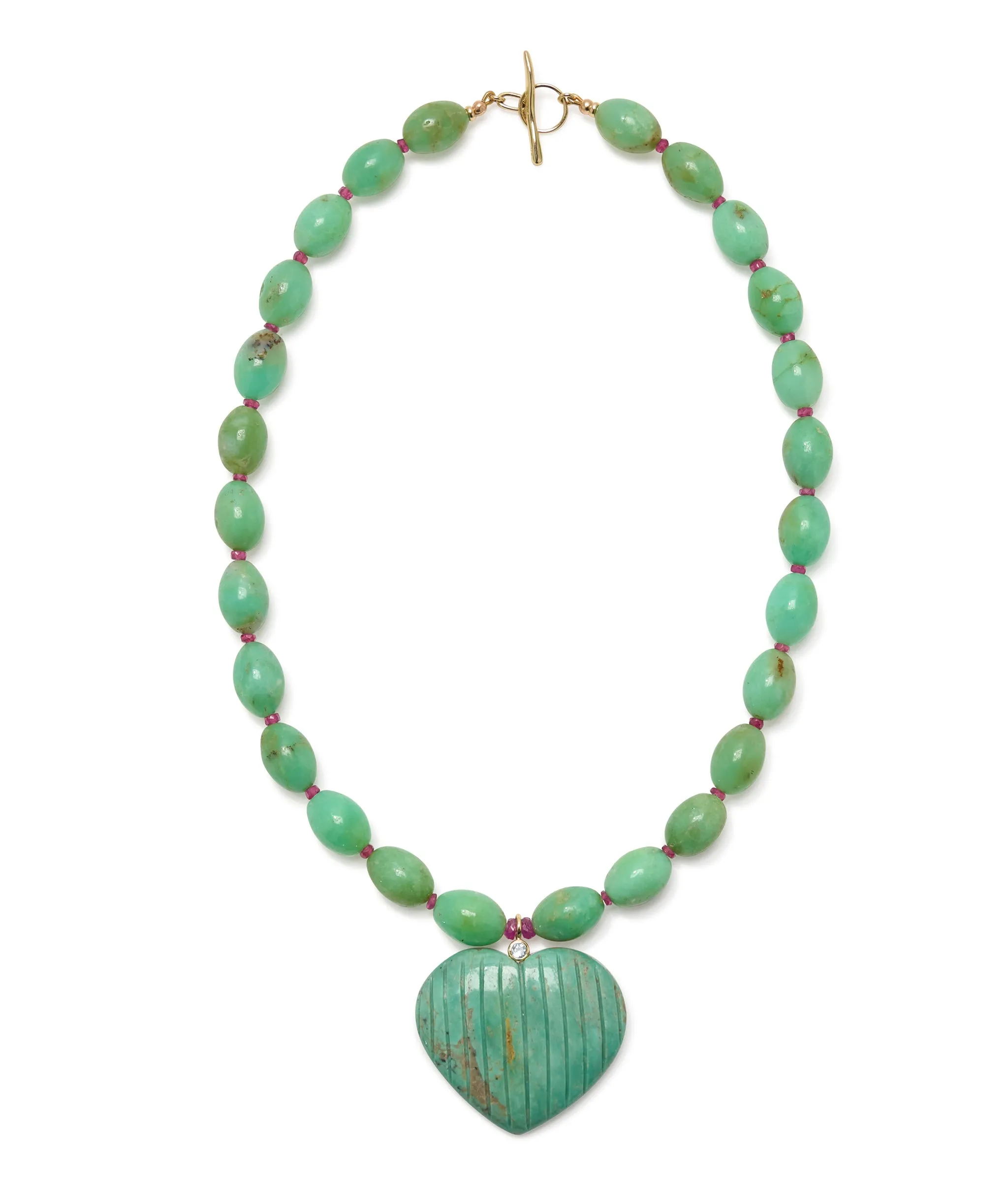 Chrysoprase & Ruby 14k Gold Necklace with Carved Turquoise Heart Pendant sold by Lizzie Fortunato