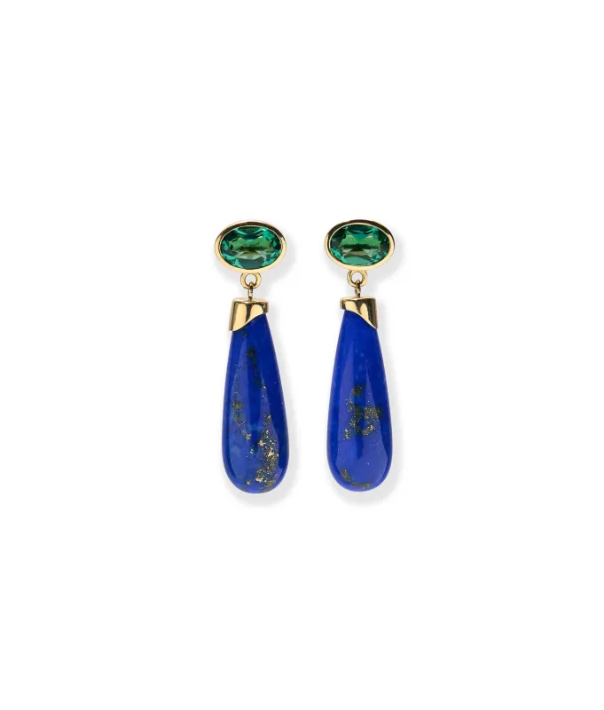 14k Gold Pomona Earrings in Green Quartz & Lapis made by Lizzie Fortunato