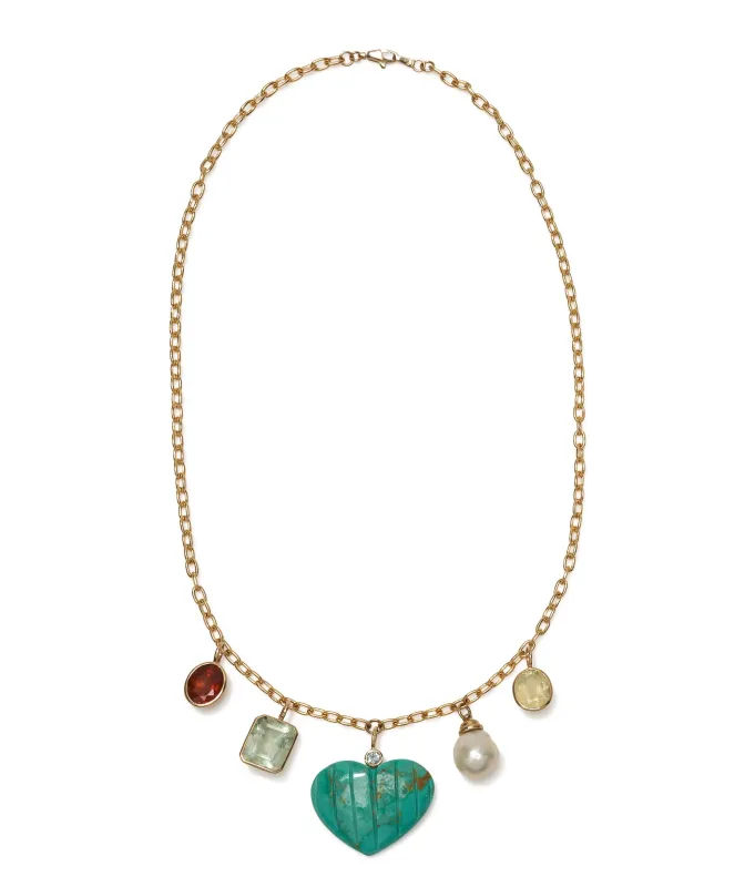 Turquoise Heart, Pearl, Semiprecious Stone & 14k Gold Charm Necklace made by Lizzie Fortunato