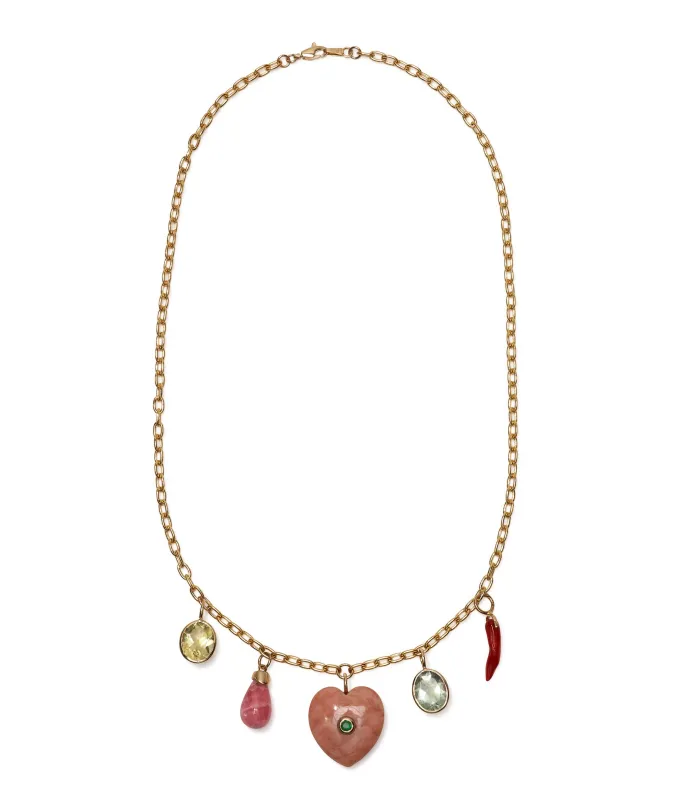 Pink Opal Heart, Coral, Semiprecious Stone & 14k Gold Charm Necklace made by Lizzie Fortunato