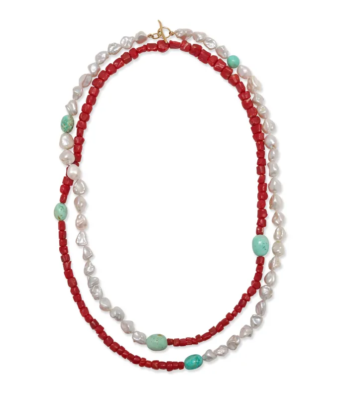 14k Gold Cabana Necklace in Mediterranean Coral, Pearl & Turquoise made by Lizzie Fortunato