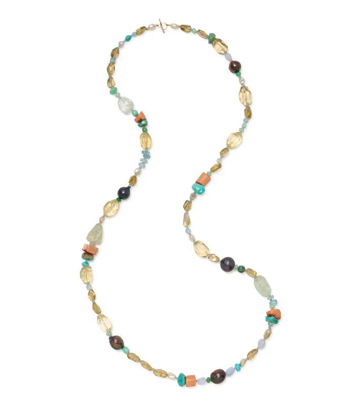 14k Gold Double-Wrap Necklace in Mixed Citrine, Aquamarine, Blue Chalcedony, Coral & Pearl made by Lizzie Fortunato