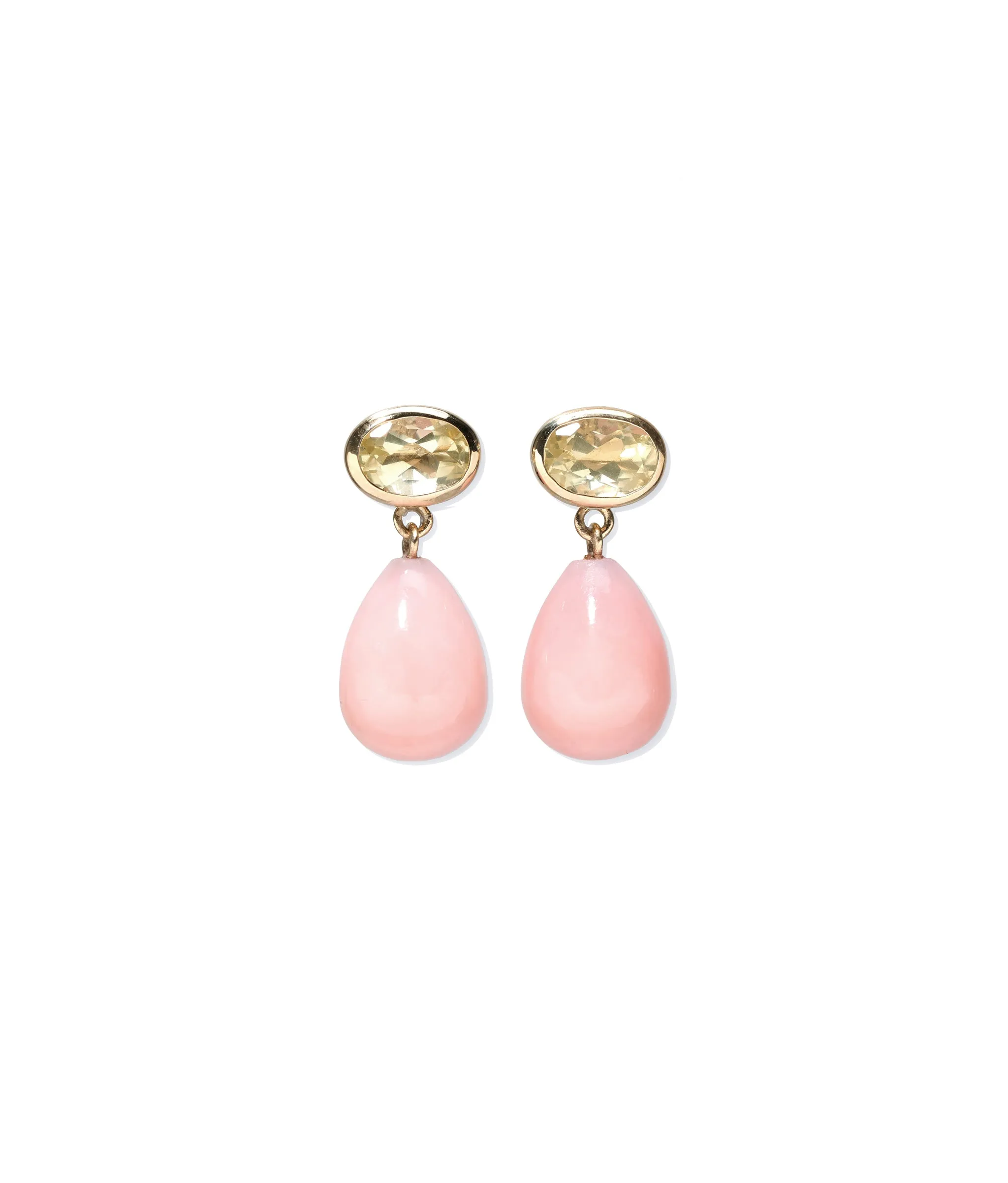14k Gold Drop Earrings in Lemon Quartz & Pink Opal sold by Lizzie Fortunato
