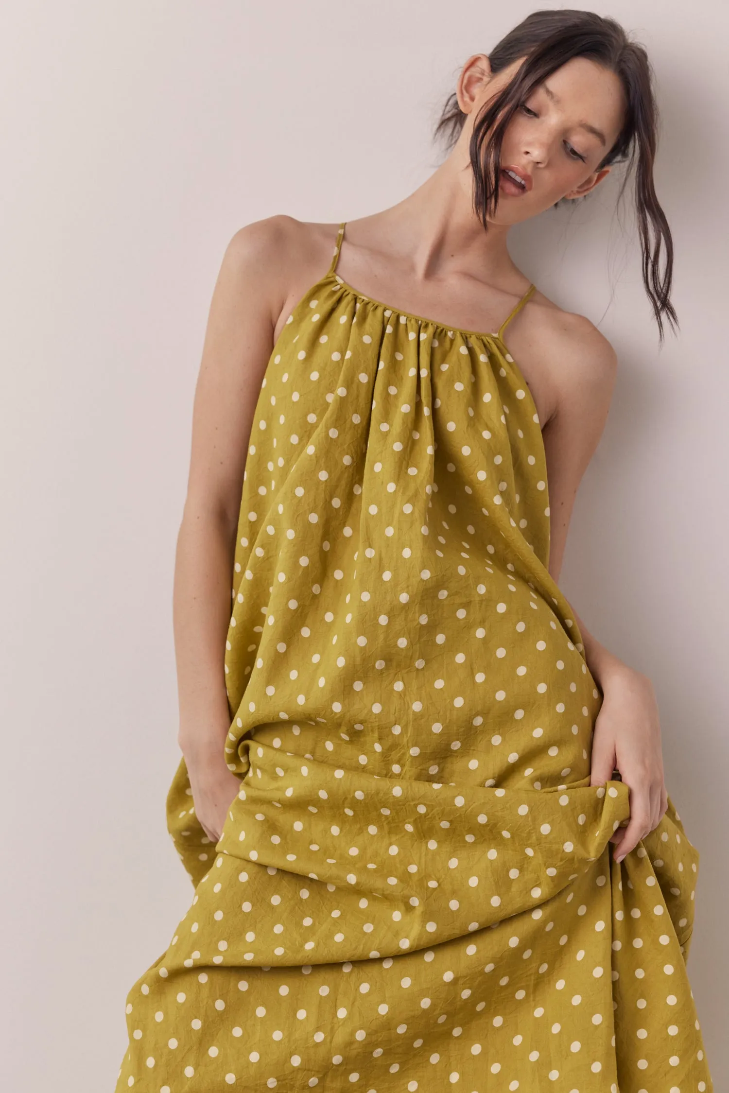 Linen Polka dot back tie ankle dress sold by amente