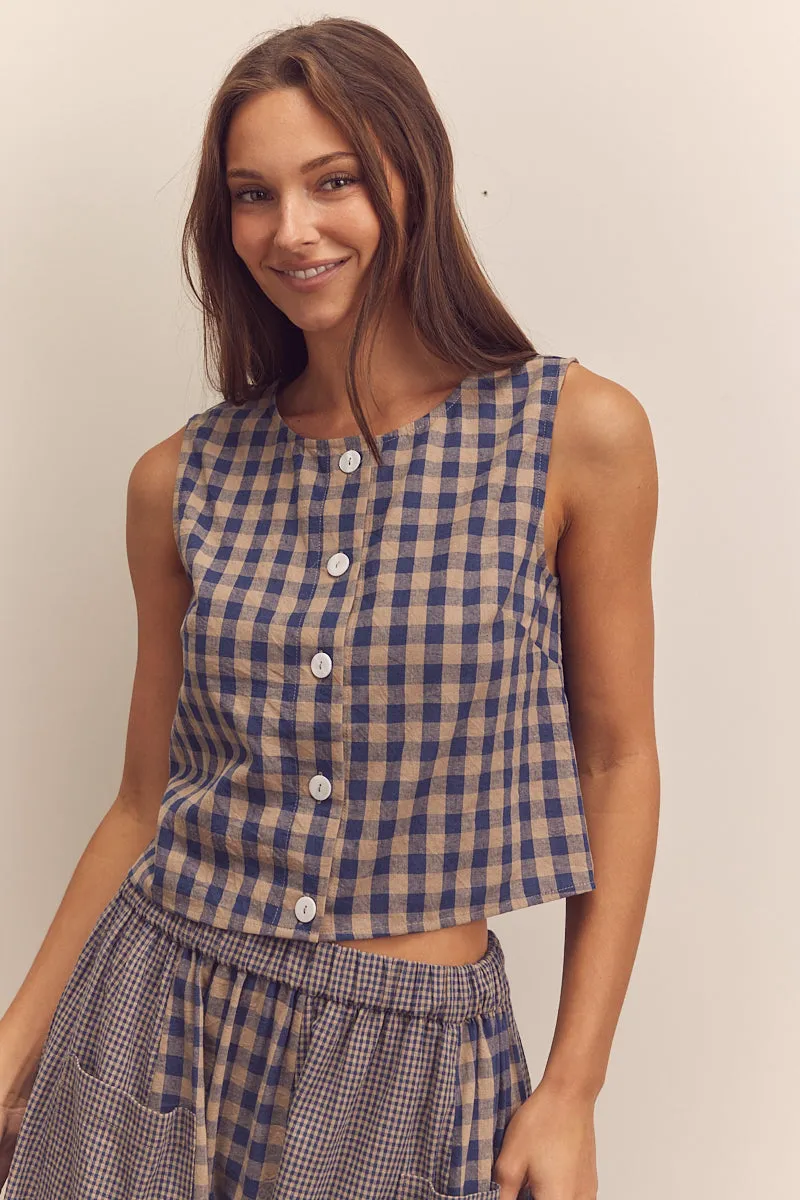 Cotton Gingham Sleeveless Button-Down Top sold by amente