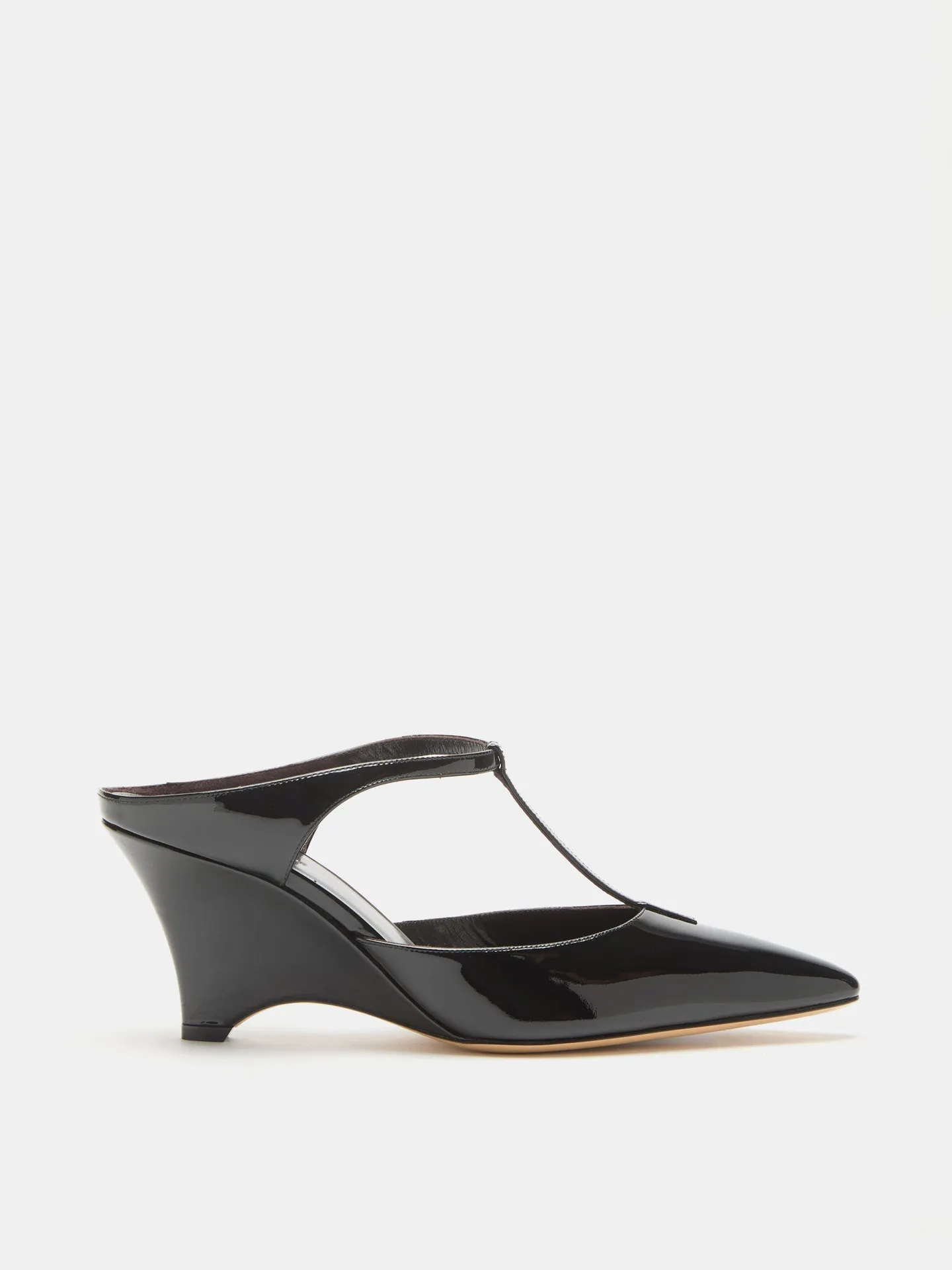 Victoria T-Bar Wedge / Black Vernice Leather sold by Le Monde Beryl