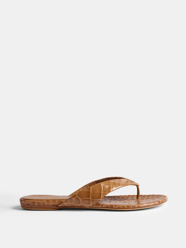Flat Thong Sandal / Brown Leather Croc Effect made by Le Monde Beryl