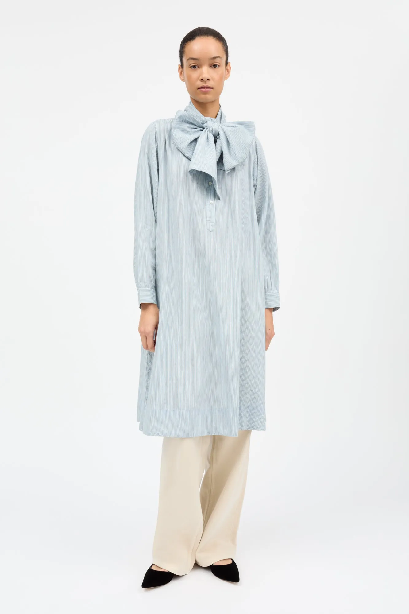 Dalia bow dress - Tiny blue stripe sold by Skall Studio product image thumbnail 2