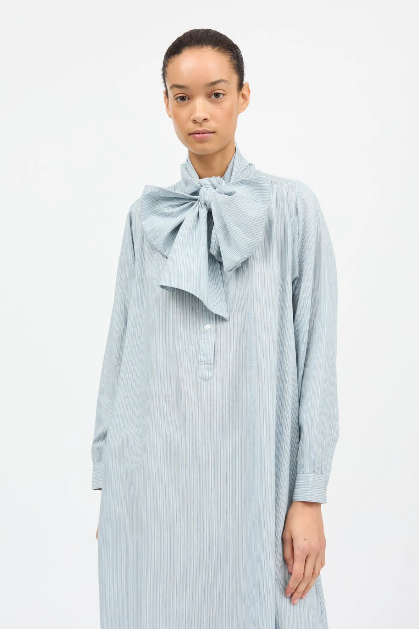 Dalia bow dress - Tiny blue stripe sold by Skall Studio product image thumbnail 3