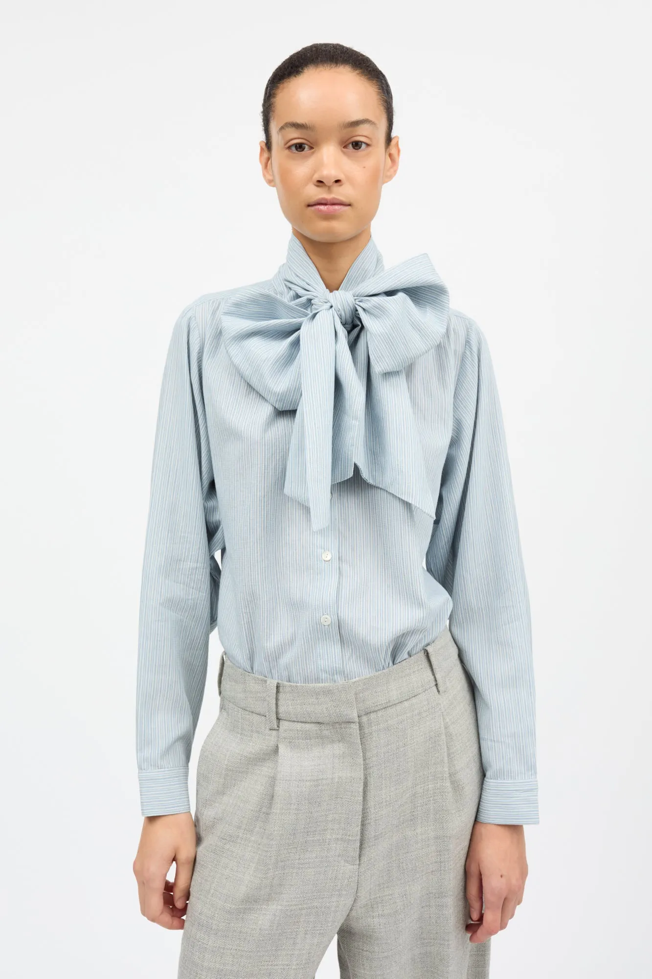 Dalia bow shirt - Tiny blue stripe sold by Skall Studio product image thumbnail 2