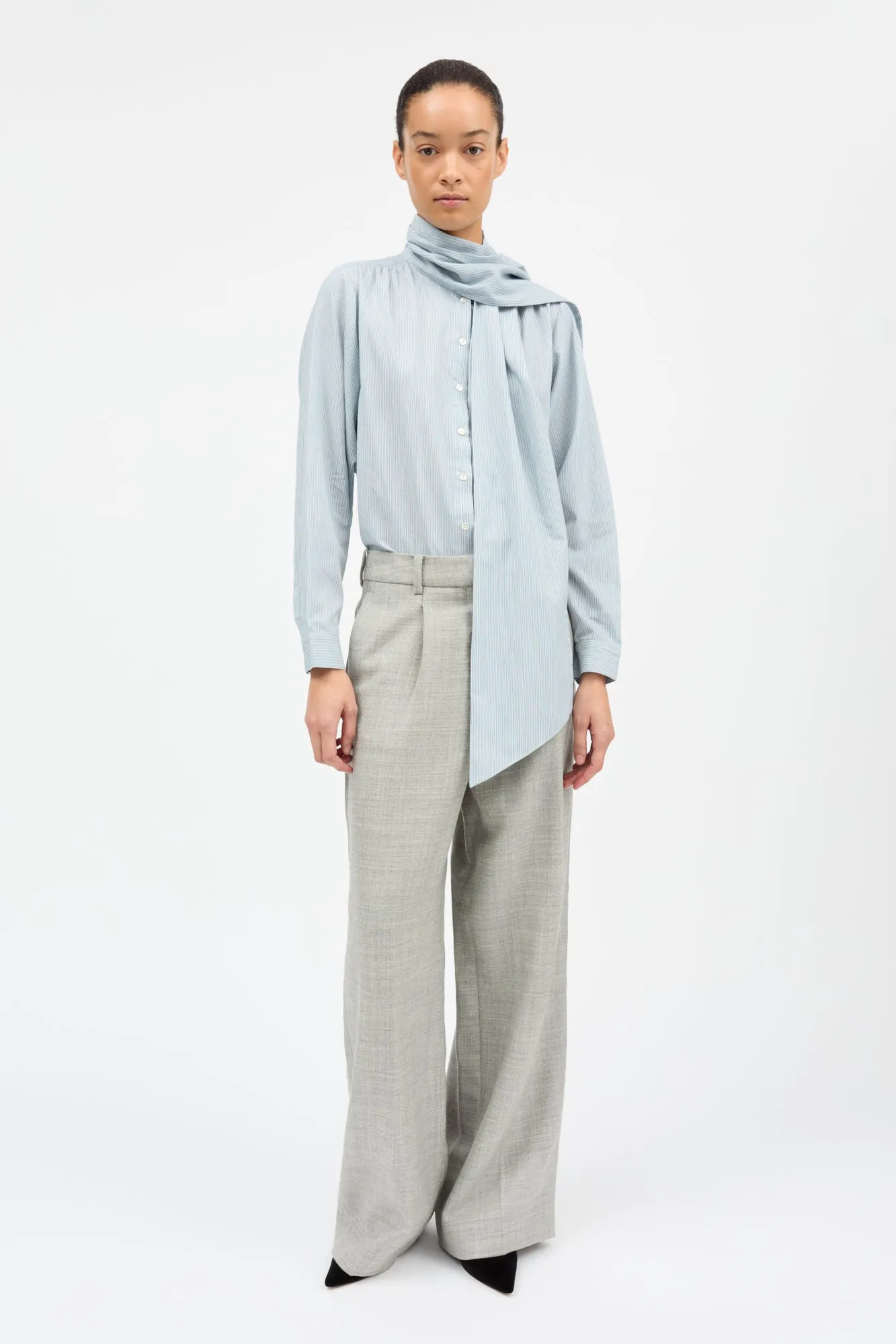 Dalia bow shirt - Tiny blue stripe sold by Skall Studio product image thumbnail 3