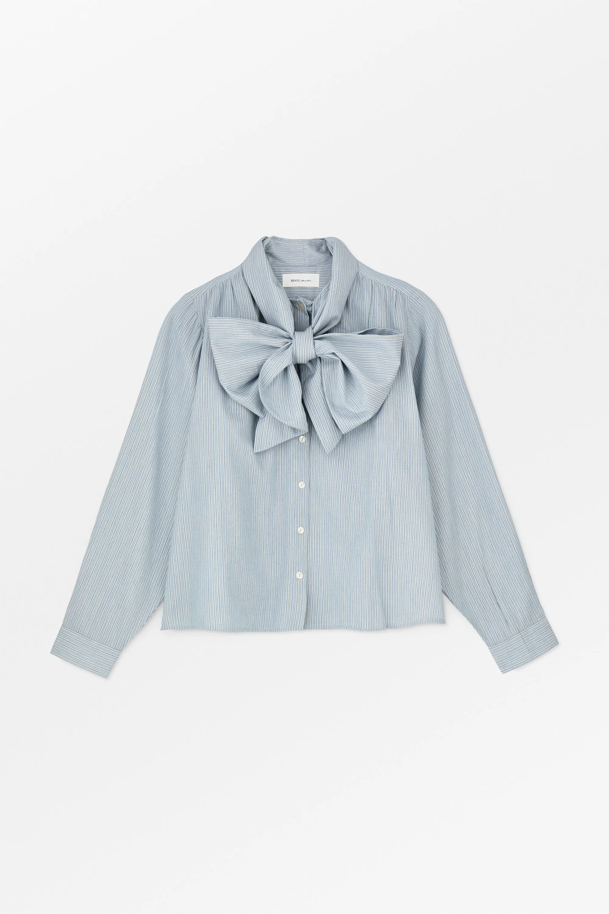 Dalia bow shirt - Tiny blue stripe sold by Skall Studio