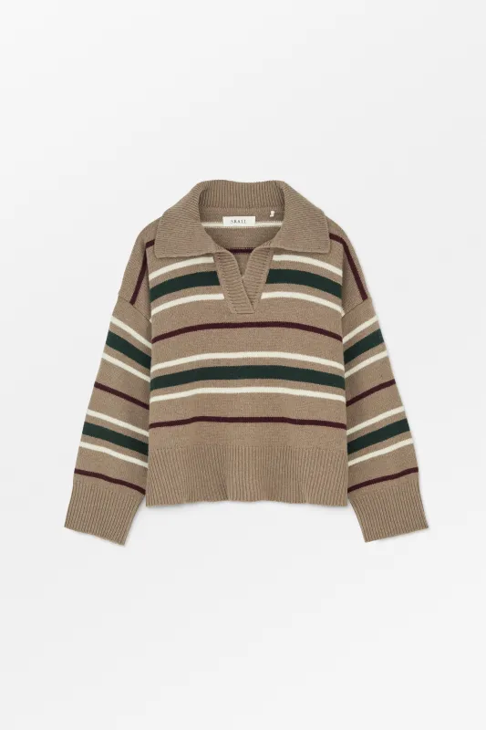 Paul V-neck jumper - Light brown/green/wine stripe made by Skall Studio