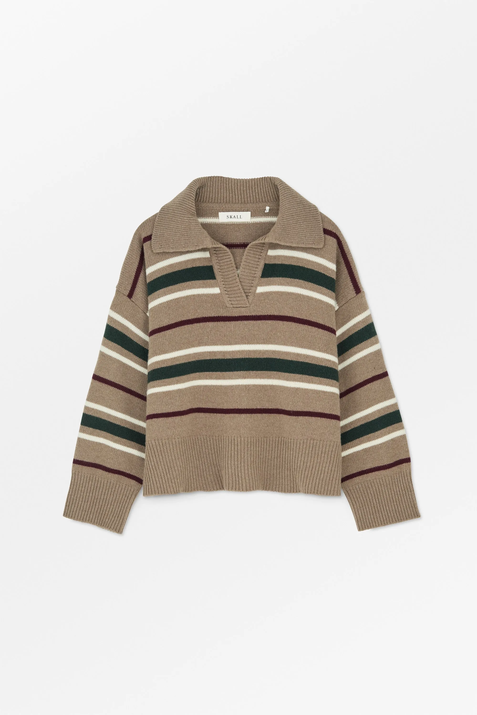 Paul V-neck jumper - Light brown/green/wine stripe sold by Skall Studio