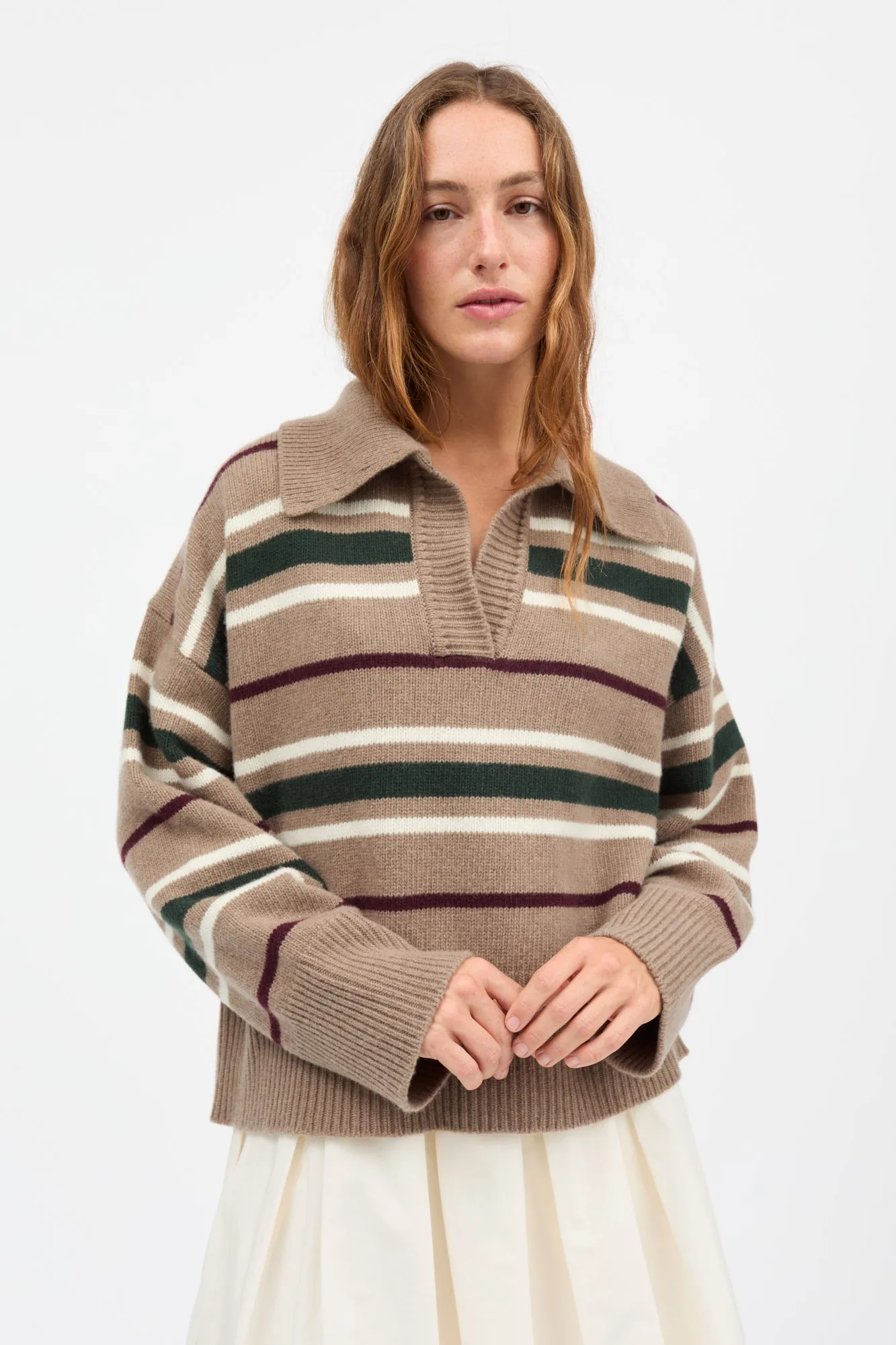 Paul V-neck jumper - Light brown/green/wine stripe sold by Skall Studio product image thumbnail 2