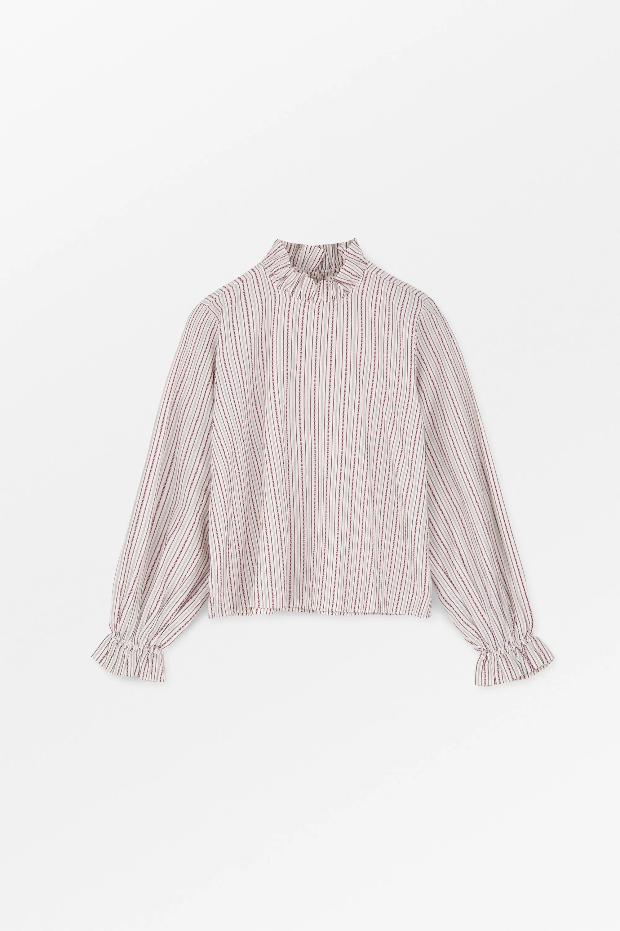 Cornflower blouse - Raspberry/Cream stripe sold by Skall Studio
