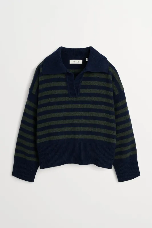 Dean V-neck jumper - Navy/Dark green stripe made by Skall Studio