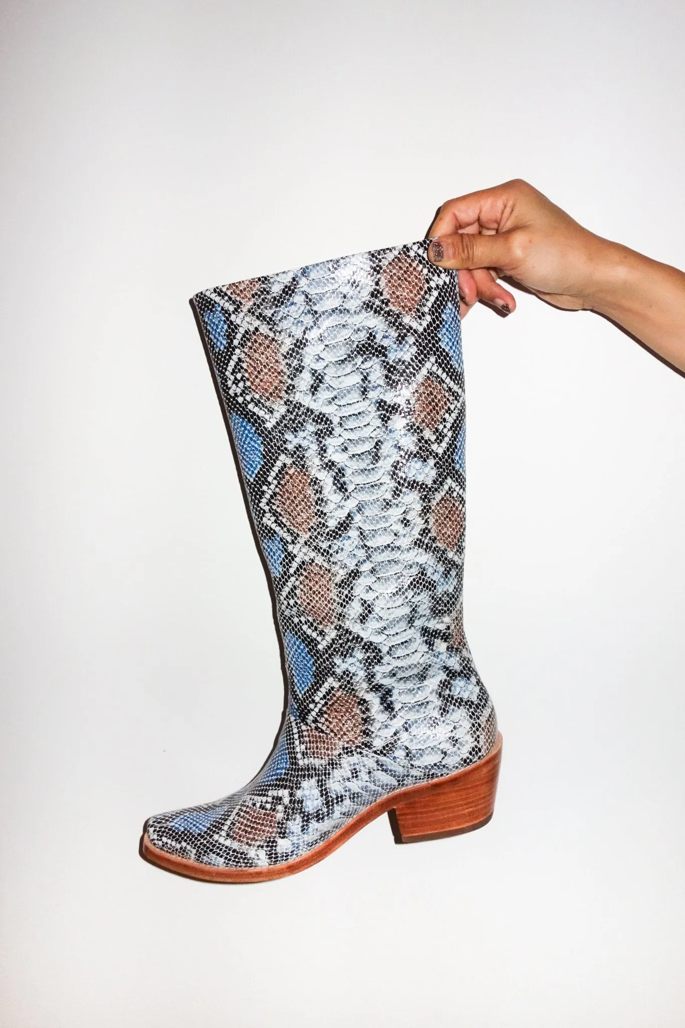 Jackie Boot Tall in Snake Leather Caramel & Cream sold by et Tigre