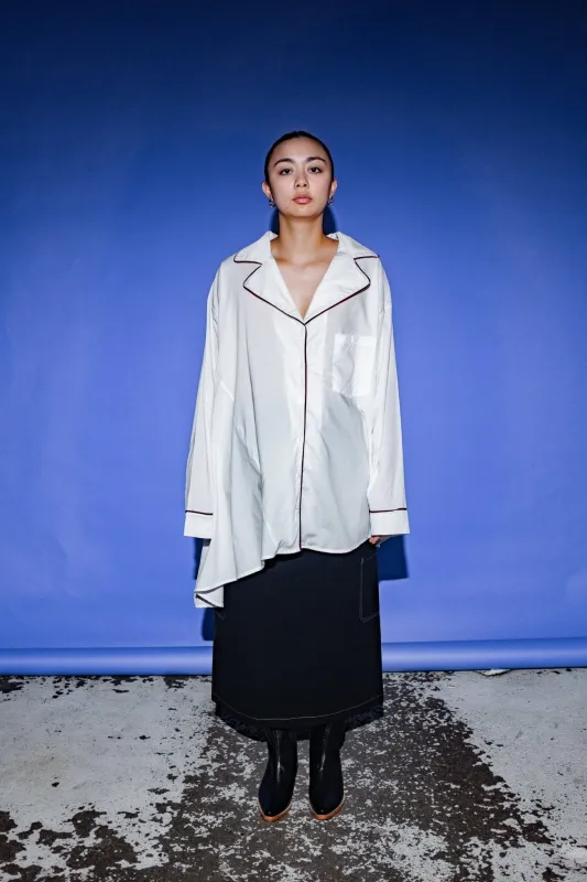 Meta Button Up Shirt in White Stripe with Raspberry Piping made by et Tigre