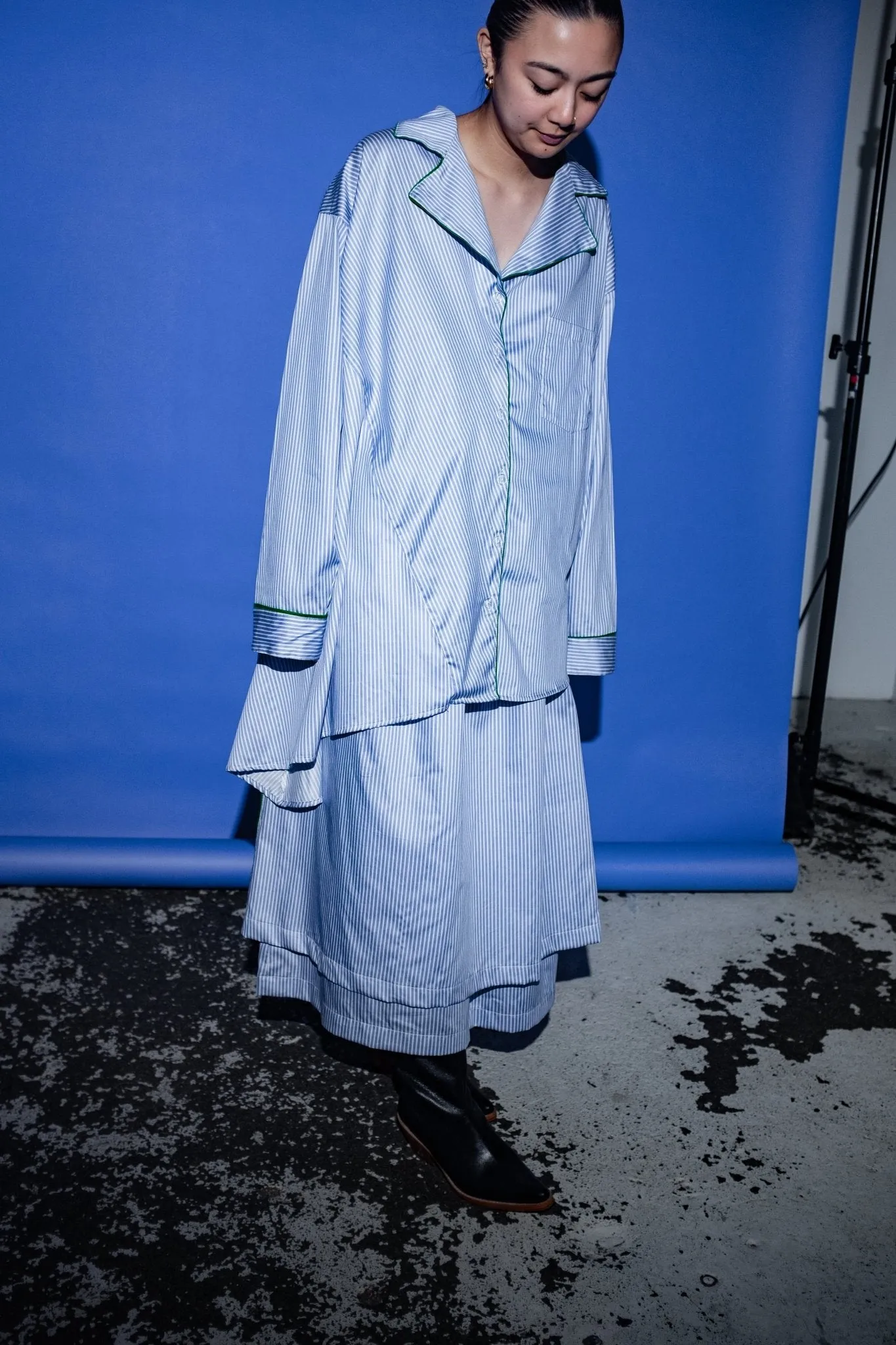 Meta Button Up Shirt in Blue + White Stripe with Green Piping sold by et Tigre