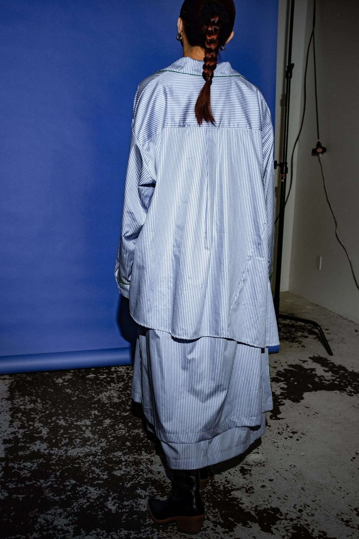 Meta Button Up Shirt in Blue + White Stripe with Green Piping sold by et Tigre product image thumbnail 4