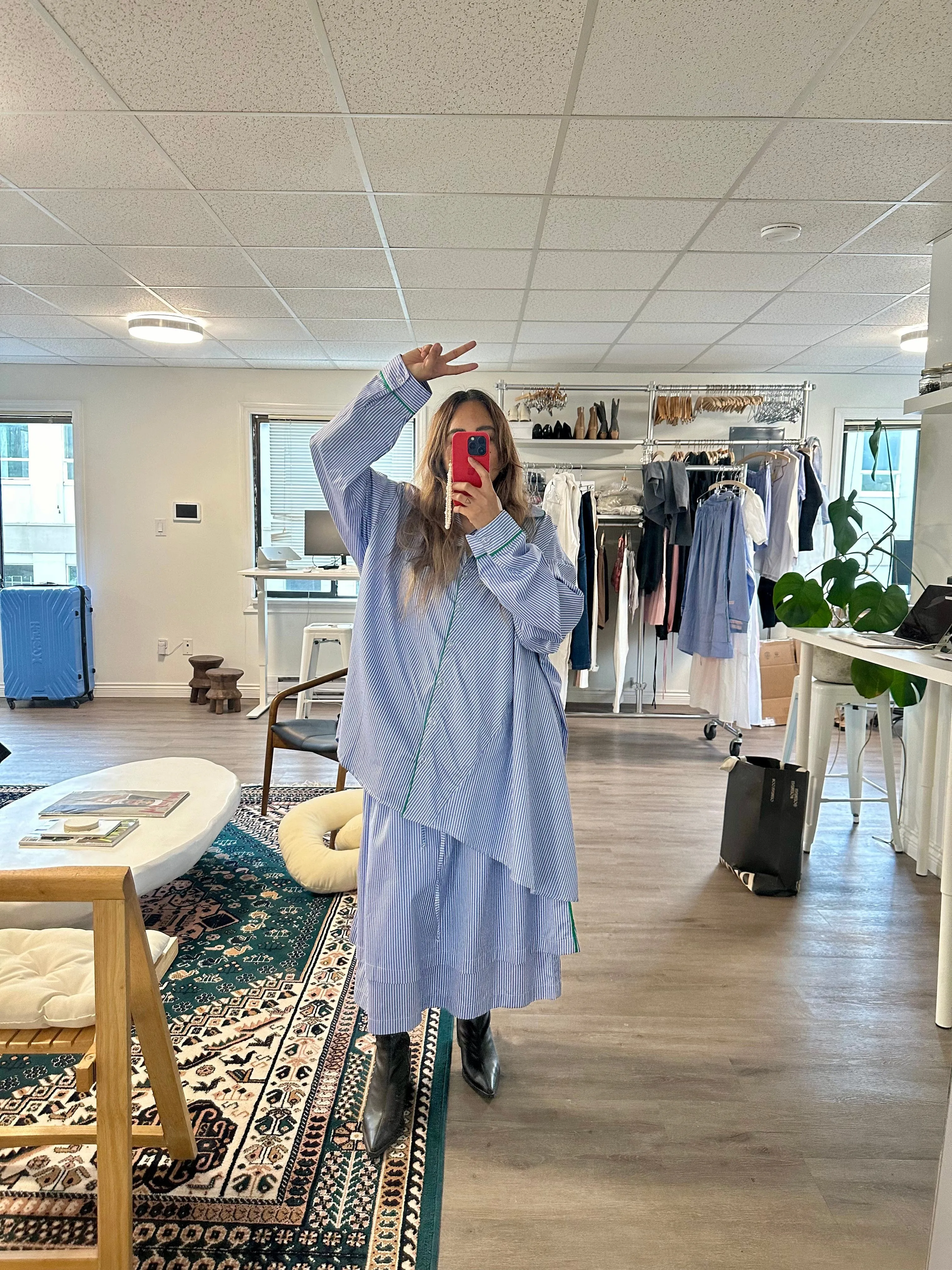 Meta Button Up Shirt in Blue + White Stripe with Green Piping sold by et Tigre product image thumbnail 2