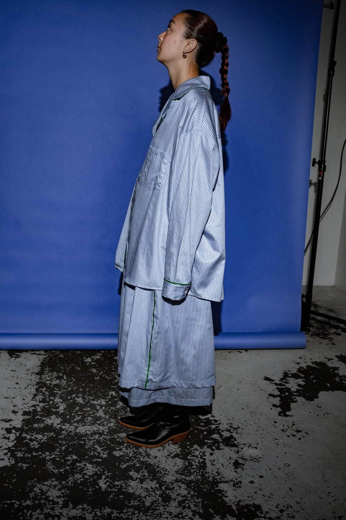 Meta Button Up Shirt in Blue + White Stripe with Green Piping sold by et Tigre product image thumbnail 3