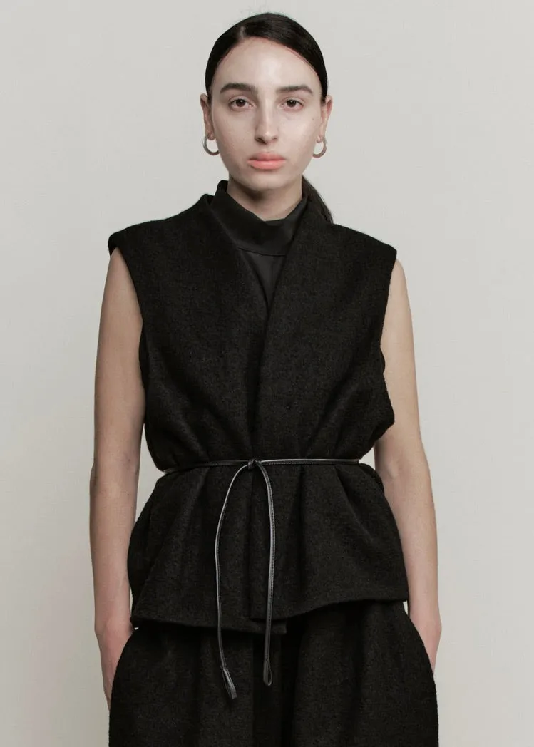 Roomy Open Vest w/ Belt | Japanese Black Nubby Wool sold by Modern Weaving