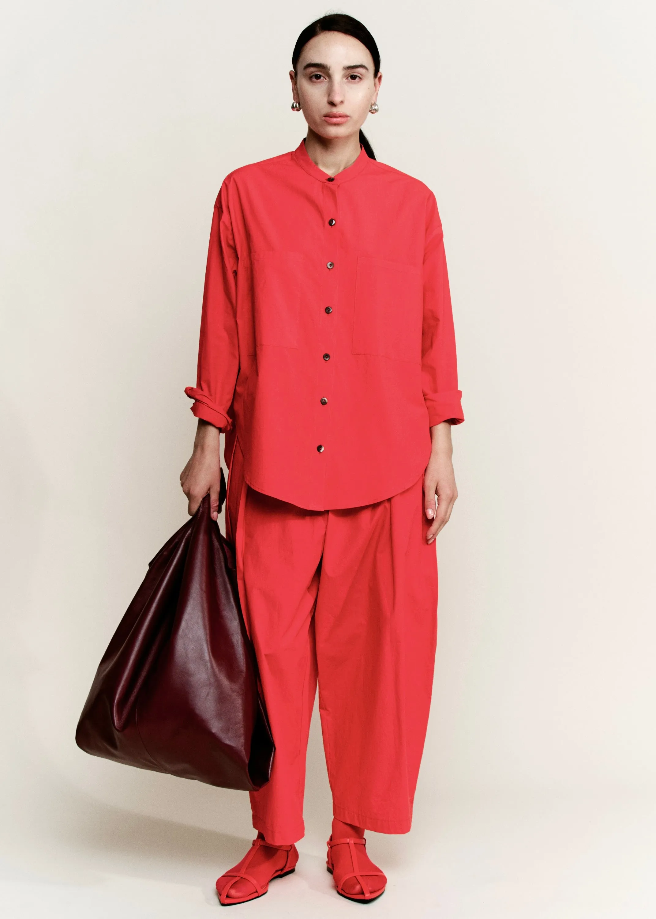 Oversize Mock Collar Button Down | Crimson Red Parchment Poplin sold by Modern Weaving