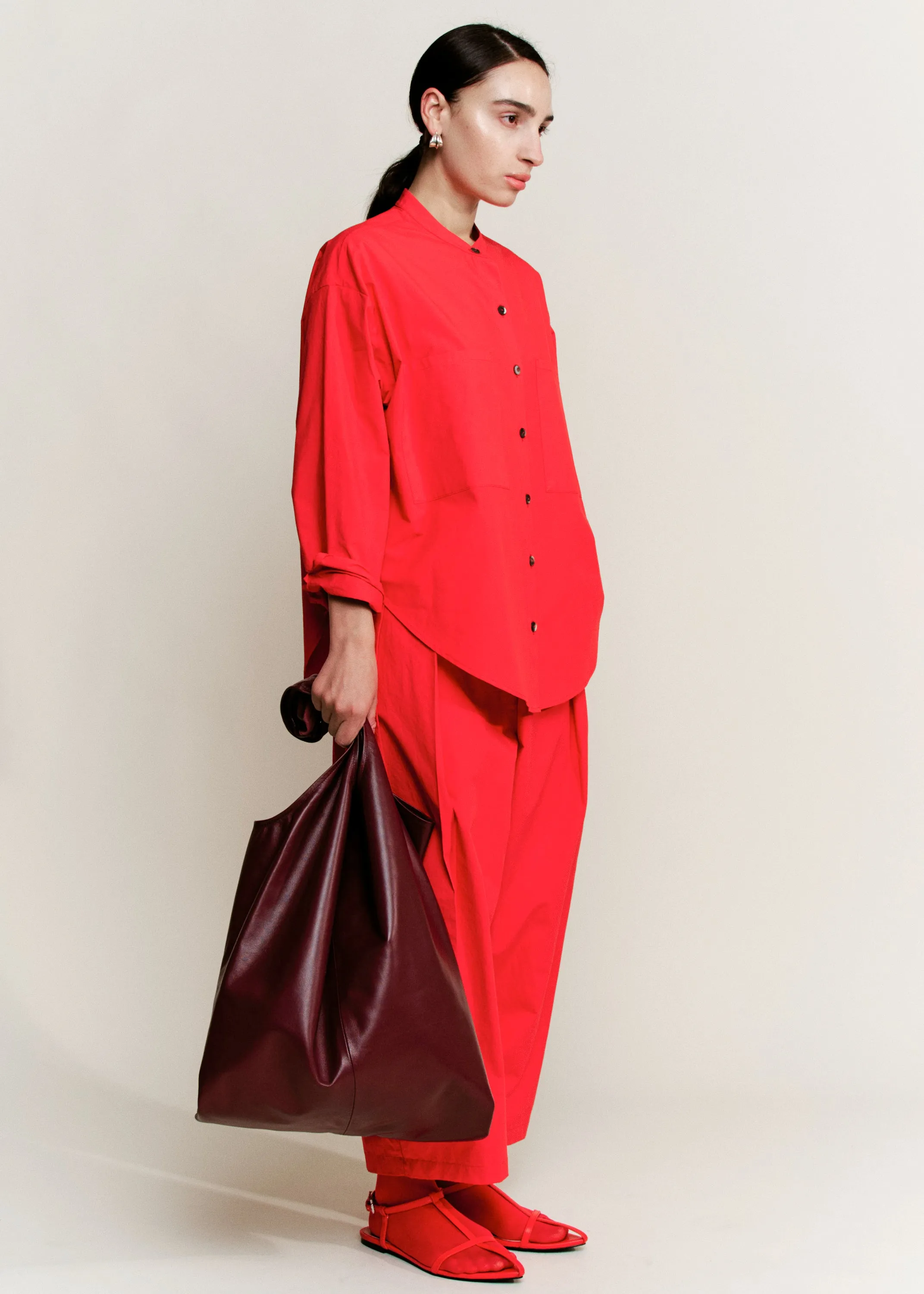Oversize Mock Collar Button Down | Crimson Red Parchment Poplin sold by Modern Weaving product image thumbnail 2