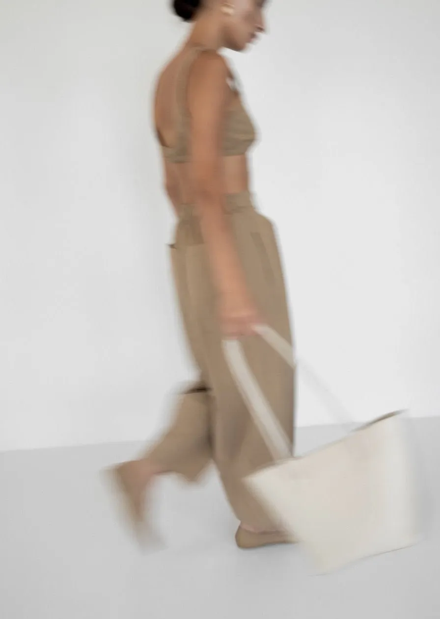 Voluminous Pleat Trouser | Khaki Parchment Poplin sold by Modern Weaving