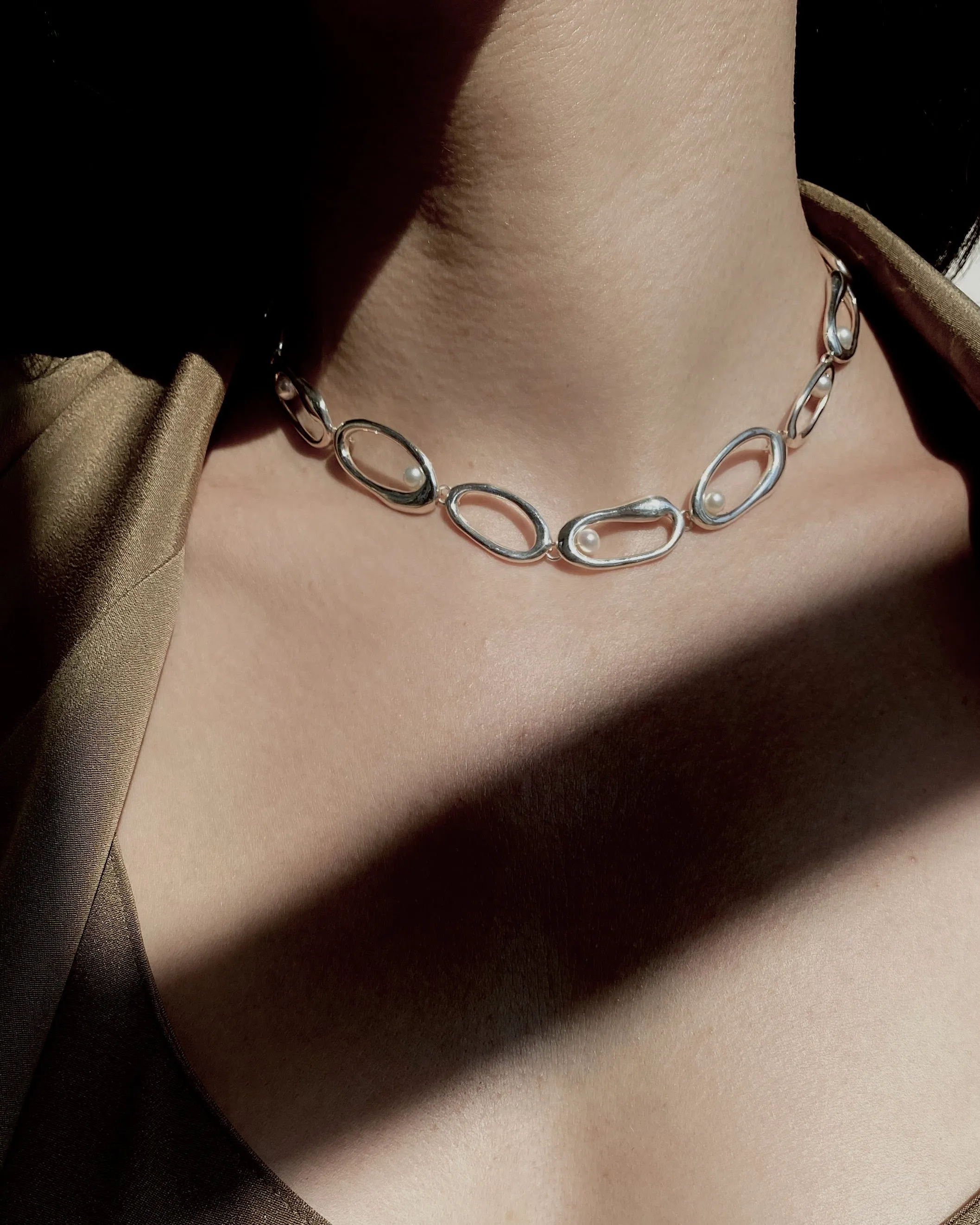 Mini Oval Link Necklace with Nested Pearls | Sterling Silver sold by Modern Weaving